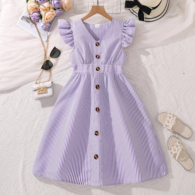 Girl Dress Summer New Light Blue Stripe Ruffled Sleeveless V-Neck Dress Elegant Cute Daily Casual Vacation Preppy Style Outifits