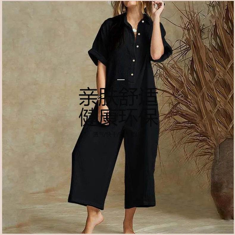 Summer Casual Workwear Jumpsuit Cotton And Linen Women's Trousers Spring Summer Elegant Office Lady Loose Simple Jumpsuits - AIAZ