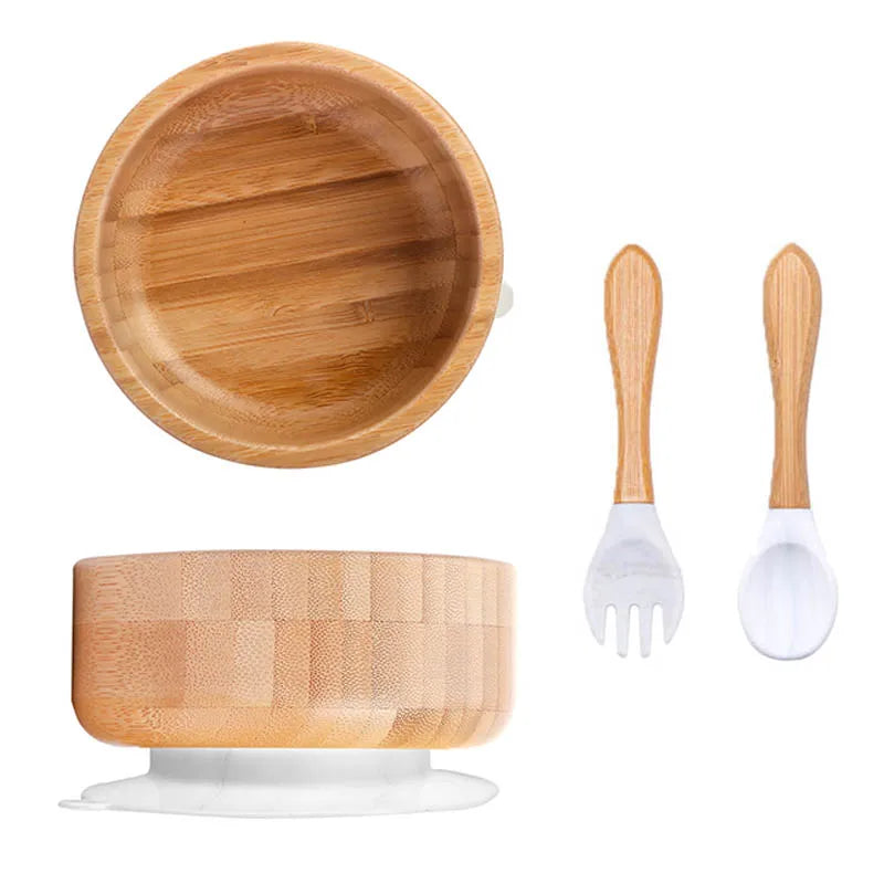 Baby Feeding Bowl Food Tableware Kids Wooden Training Plate Silicone Suction Cup Removable Wooden Fork Spoon Children's Dishes