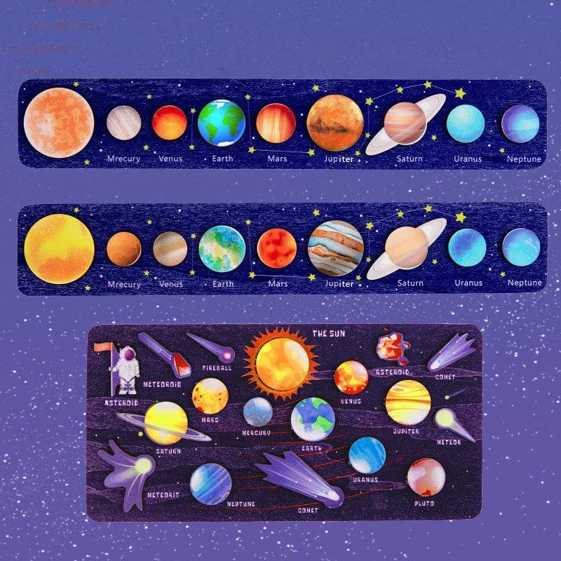 Children Wooden Space Planet Puzzles Montessori Toys Planet Matching Game Jigsaw Tray Universe Solar System Science Learning Toy - AIAZ