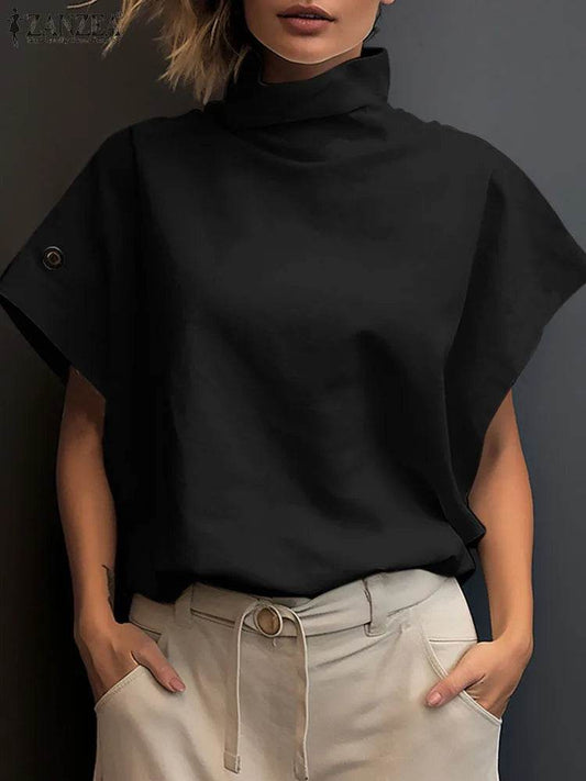 ZANZEA Women Stylish Tunic Tops Summer Office OL Shirts Short Sleeve Elegant Work Blouse Female Turtleneck Blusas Mujer Oversize - AIAZ