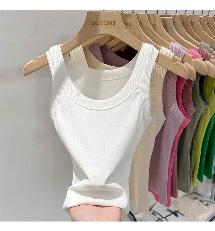 Women Solid Round Neck Ribbed Tank Top Camisole Women 2025 Summer Basic Elastic Tank Top O Neck Solid Tank Top - AIAZ