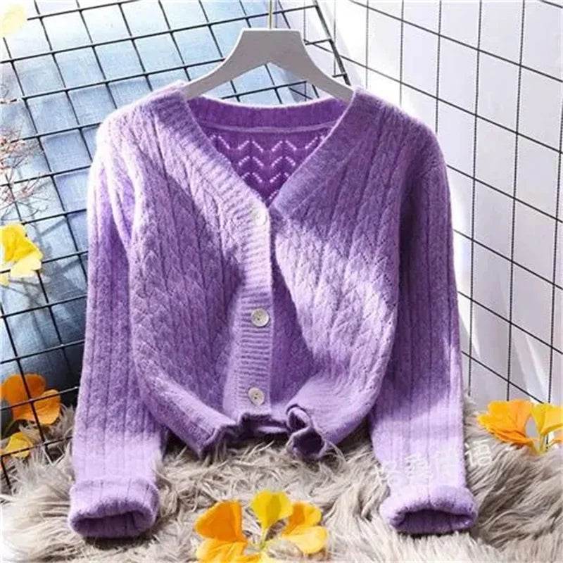 Women Cardigans Autumn Winter 2024 Single Breasted V-neck Knitted Sweater Spring Fashion Short Knitwear Solid Cardigan Jumpers - AIAZ