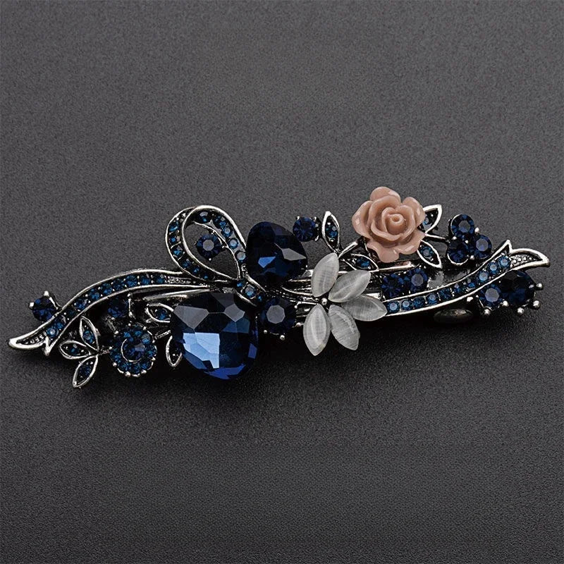 Red Crystal Flower Bow Spring Hairpin Vintage Ink Blue Rhinestone Horizontal Clip Top Clip Elegant Mom Fashion Hairpin Korean