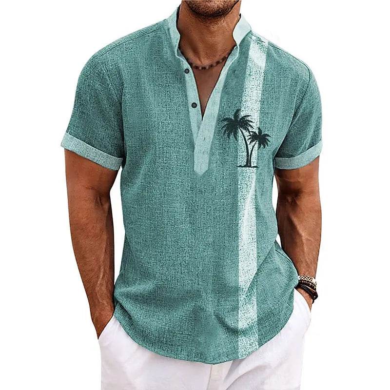 New Coconut Tree Striped 3D Print Henley Shirts Men's Oversized Button Stand Collar Short Sleeve T Shirt Tees Tops Man Clothing - AIAZ