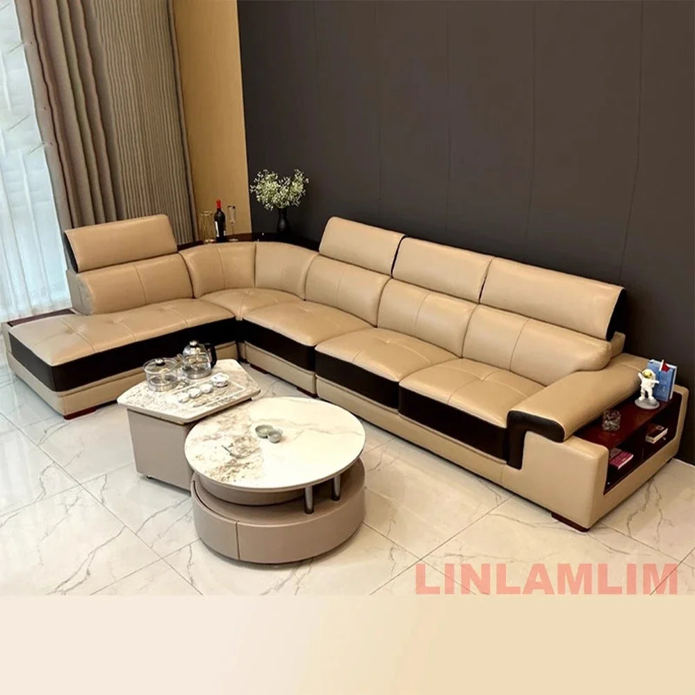 MINGDIBAO Modern Minimalist Genuine Leather Sectional Sofa with Console, Storage and Speaker Italian Leather Living Room Couch