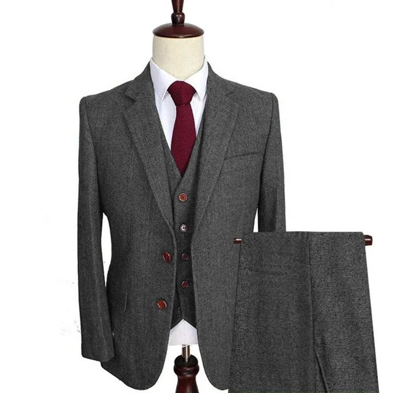 Men Suit 3 Pieces Army Green Tweed Formal Lapel Notch Regular Wedding Groom Banquet Work Tuxedos Set Jacket Vest With Pants - AIAZ