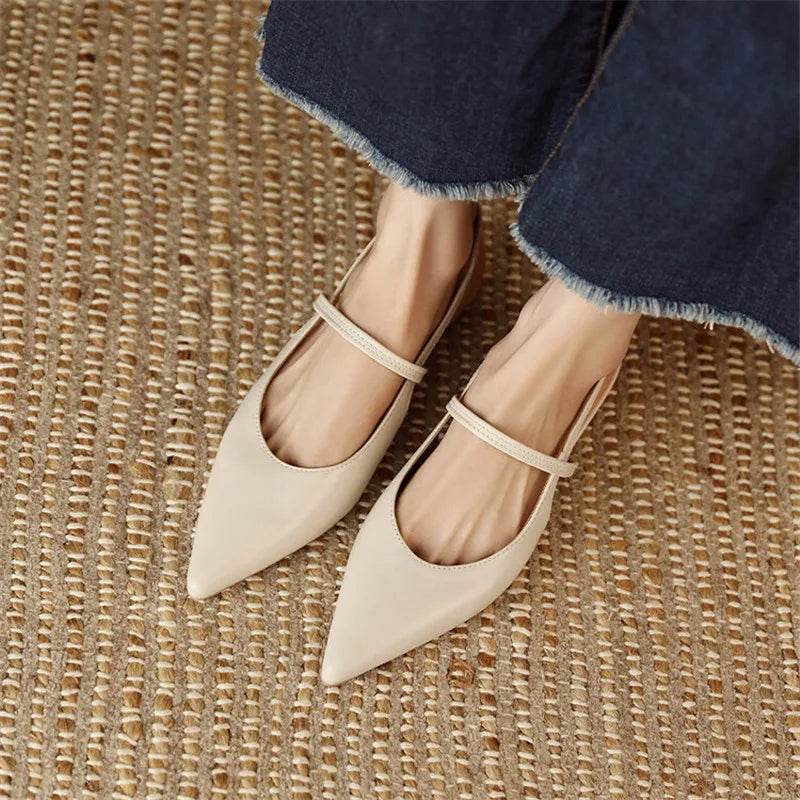 Summer Sandals Sheep Leather Women Shoes Pointed Toe Low Heel Women Pumps Genuine Leather Cover Toe Sandals for Women Handmade - AIAZ