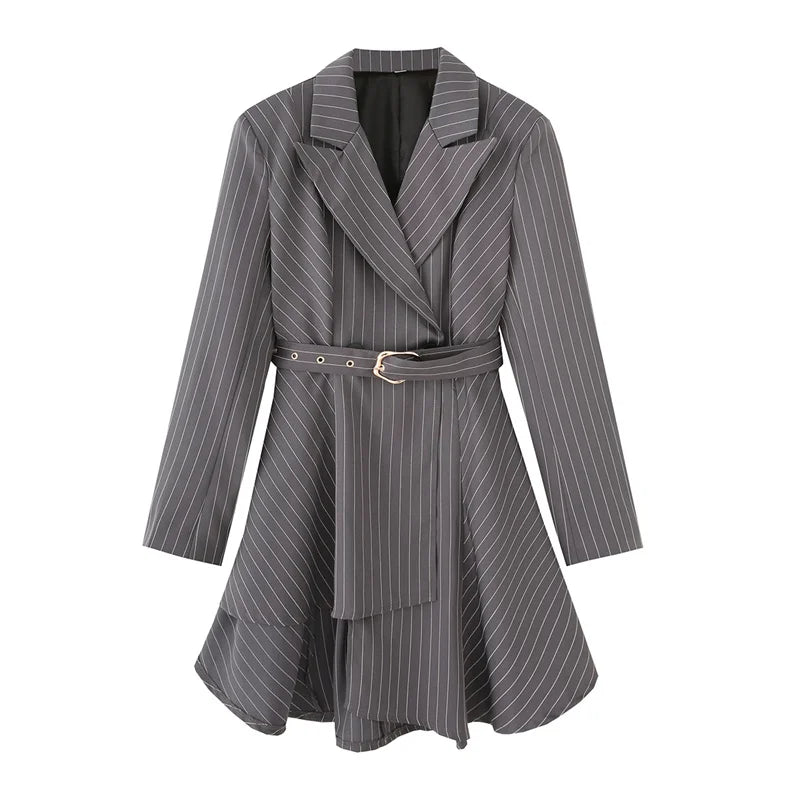 KEYANKETIAN Spring/Autumn New Women's Irregular Design Gray Striped Suit Outerwear Office Lady With Belt Slim Mid-length Coat