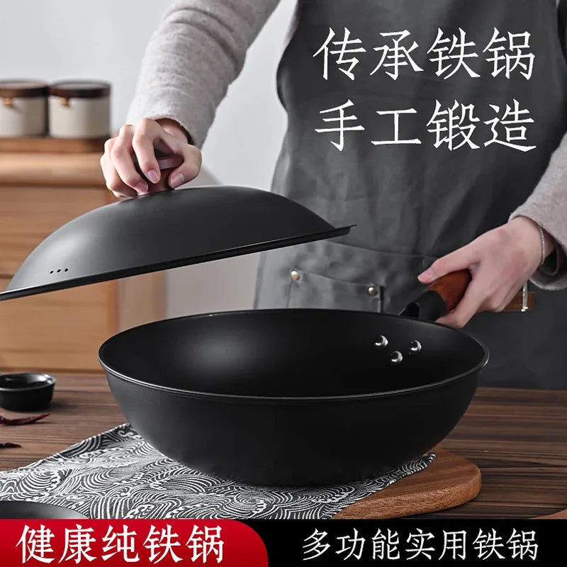 Japanese Iron Pan Wok Frying Pans, Flat Bottom Cast Iron Pans Are Convenient for Induction Cookers and Gas Stoves