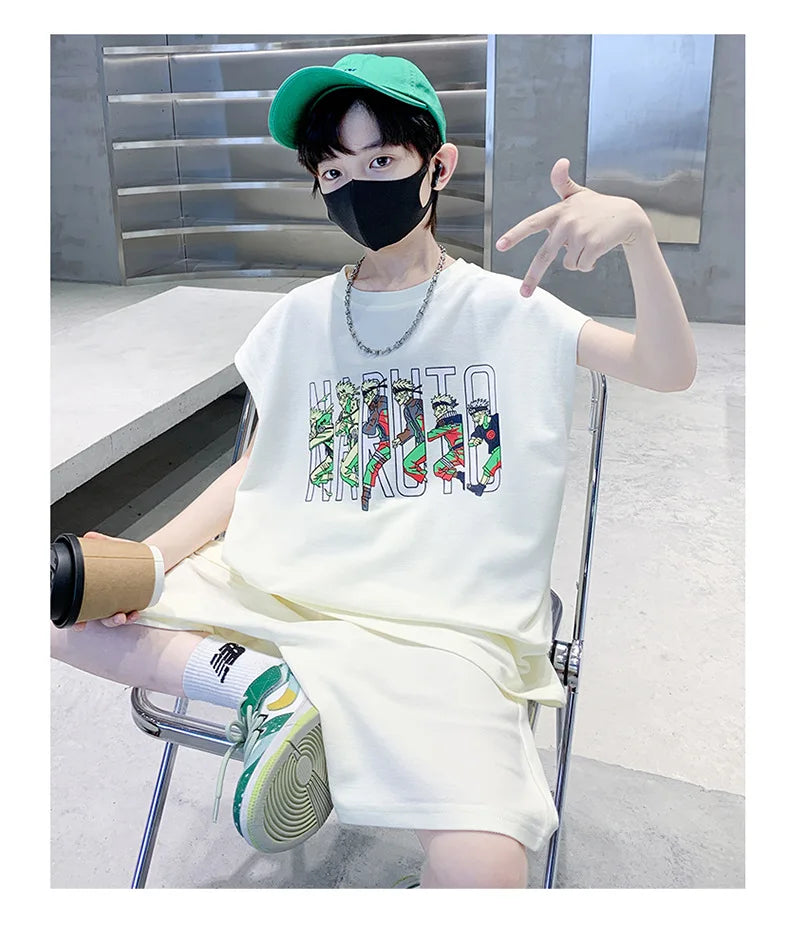 Summer Boys Cotton Sleeveless Cartoon T-Shirt Tops+Shorts Workout Sets School Kids 2PCS Tracksuit Children Jogging Outfit 5-16Yr