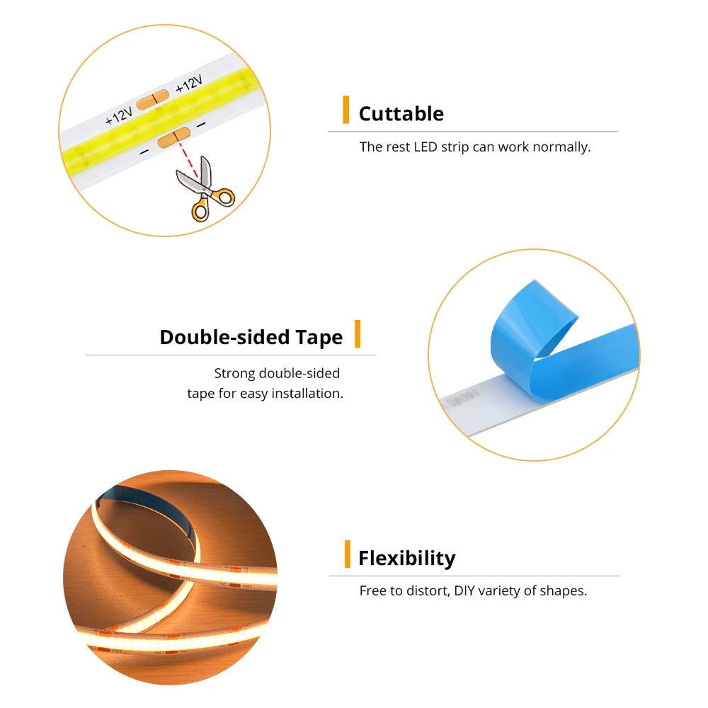 PIR Motion Sensor 12V COB LED Strip 1m 2m 3m 4m 5m Flexible Dimmable Timer Auto on/off Room Bed Light 3000K-6500K Warm White Kit