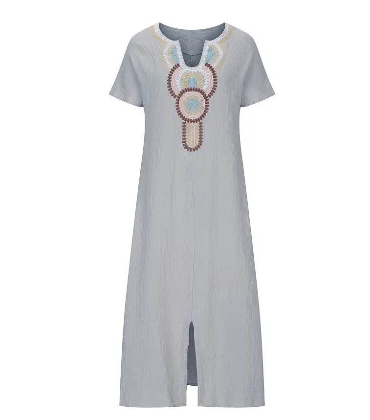 Boho Vintage Embroidered Cotton Linen Long Dresses Women Summer 2025 New V Neck Split Hem White Dress Beach Party Dress Robe - AIAZ