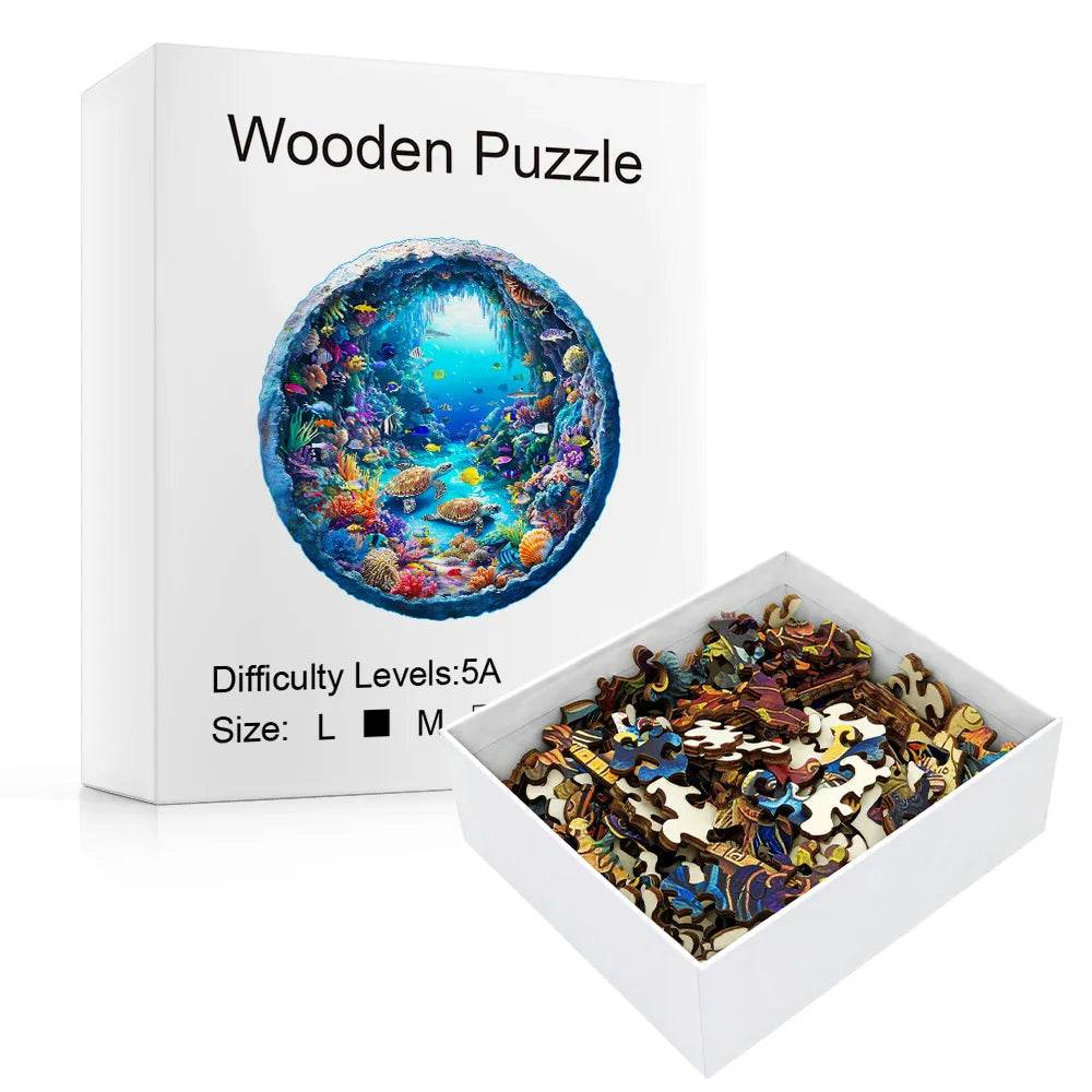 Ocean Wonders Wooden Puzzle - Unique Shape Animal Puzzle, Adult Relaxation Gift, Exquisite Boxed Set with Decorative Artworks - AIAZ