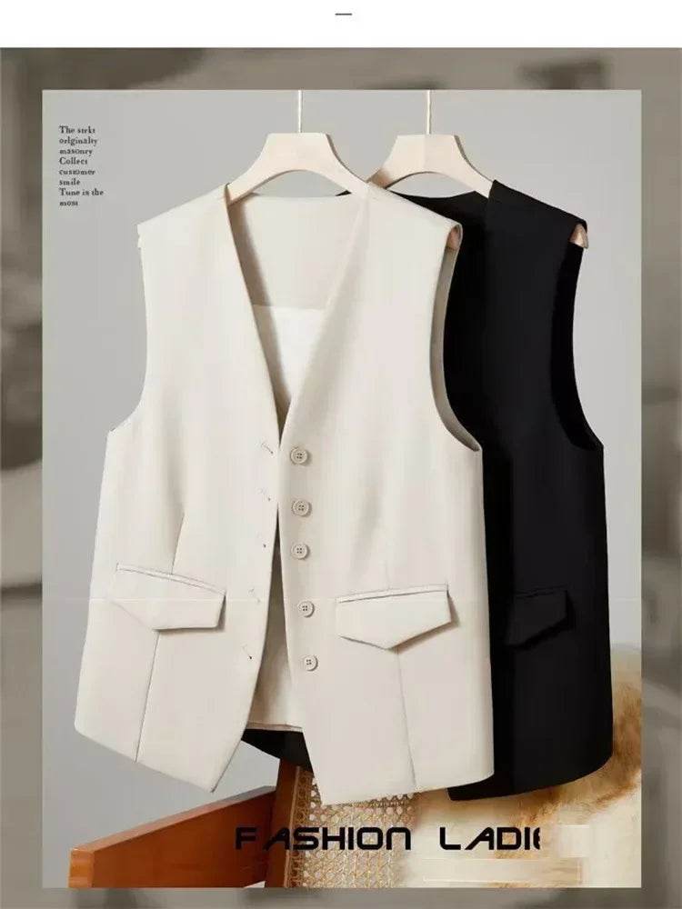 Women Suit Vest Elegant Women's V Neck Business Vest Sleeveless Waistcoat for Office Commute Style Solid Color Single-breasted - AIAZ