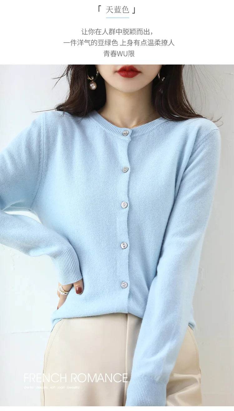 Knitted Cardigan Women's Sweater Autumn And Winter 2022 New Solid Color Coat Round Neck Short Long Sleeve Loose Korean Fashion - AIAZ