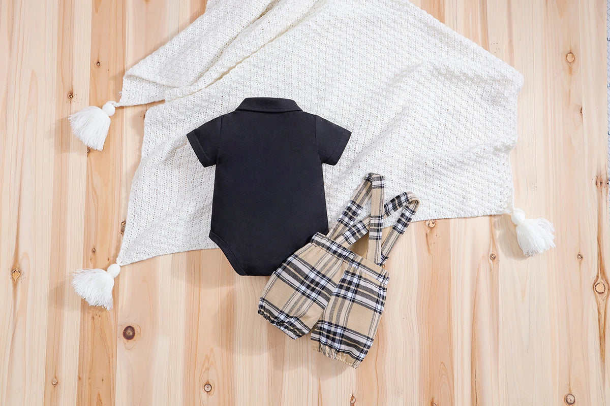 2PCS IURNXB Baby Clothes Sets Short Sleeve Boys Infant Plaid Bear Bodysuit+Suspenders Trousers Set Overall Newborn Outfits 1-18M