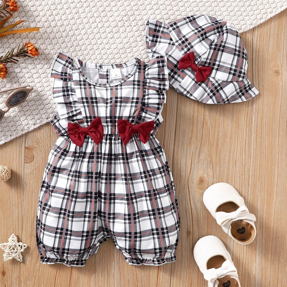 0-18 Months Newborn Baby Girl Clothes Cute Plaid Design Summer Romper+Hat 2Pcs Suit Fashion Holiday Clothing For Toddler Girl
