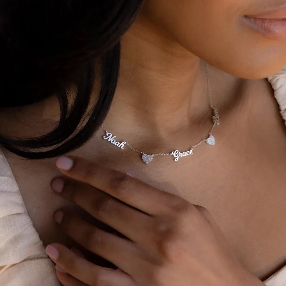 Haiyufly Custom Multiple Name Zircon Heart Necklace for Women Stainless Steel Jewelry Choker Chain Mother Kids Personalized Gift
