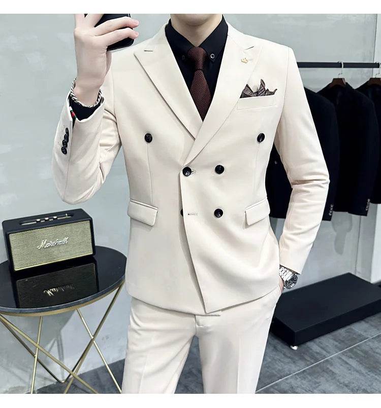 Jackets + Pants / Groom's Wedding Dress Best Fashion Mans Double -breasted Suit Blazer Trousers Male Formal Business Office Suit - AIAZ