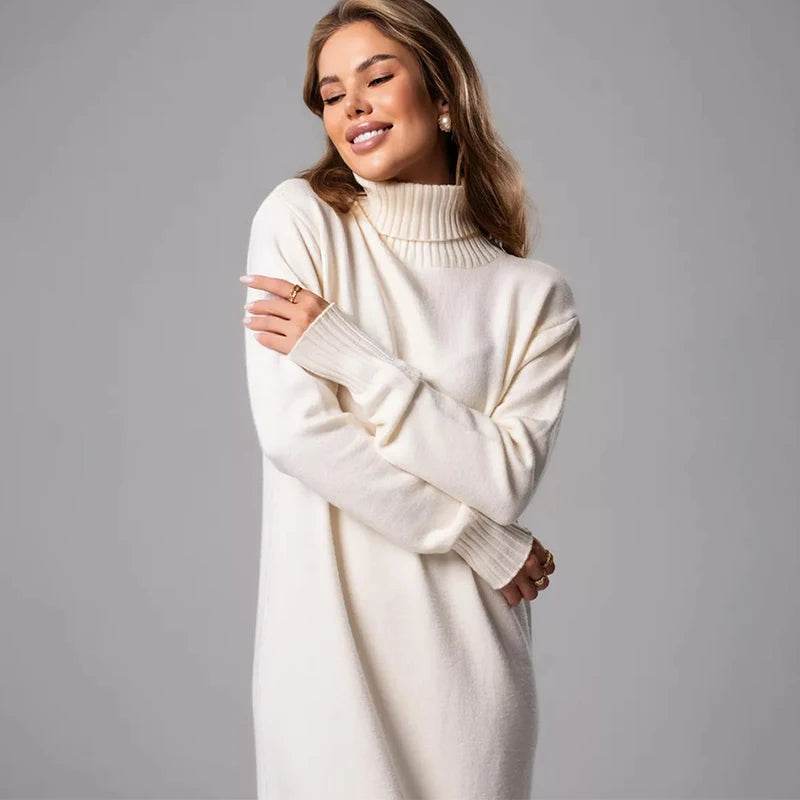 Ribbed Turtleneck Knitted Dress Women Autumn Winter Basic Long Sleeve Sweater Dress Woman Solid Color Long Dresses Female - AIAZ