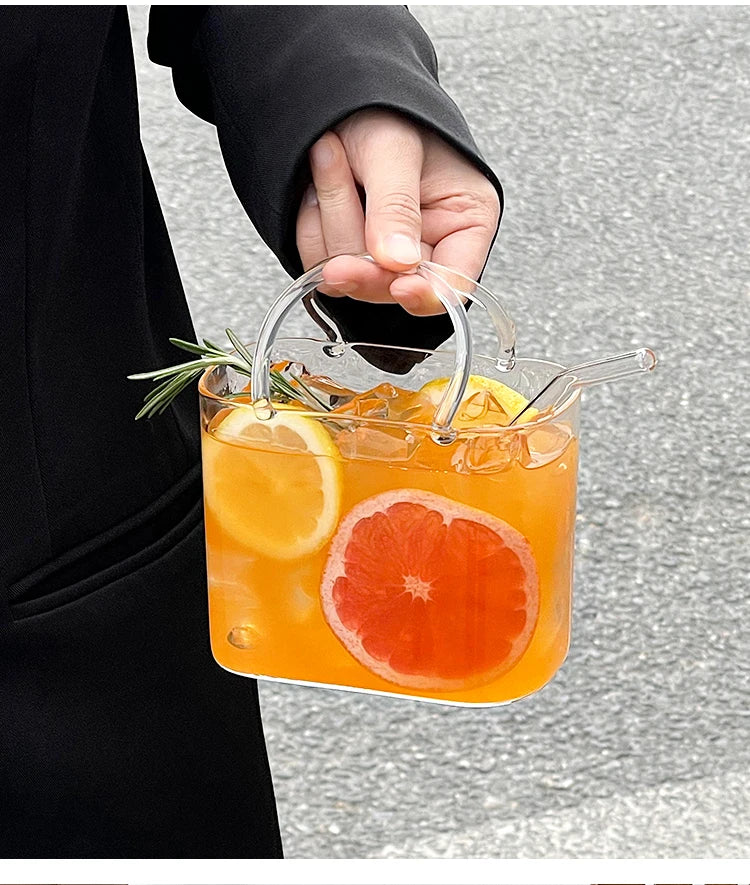 770 Ml Handbag Glass Beverage Cup Cocktail Glass Wine Cups with Straw Creative Fruit Tea Juice Mug for Home Special Drinkware