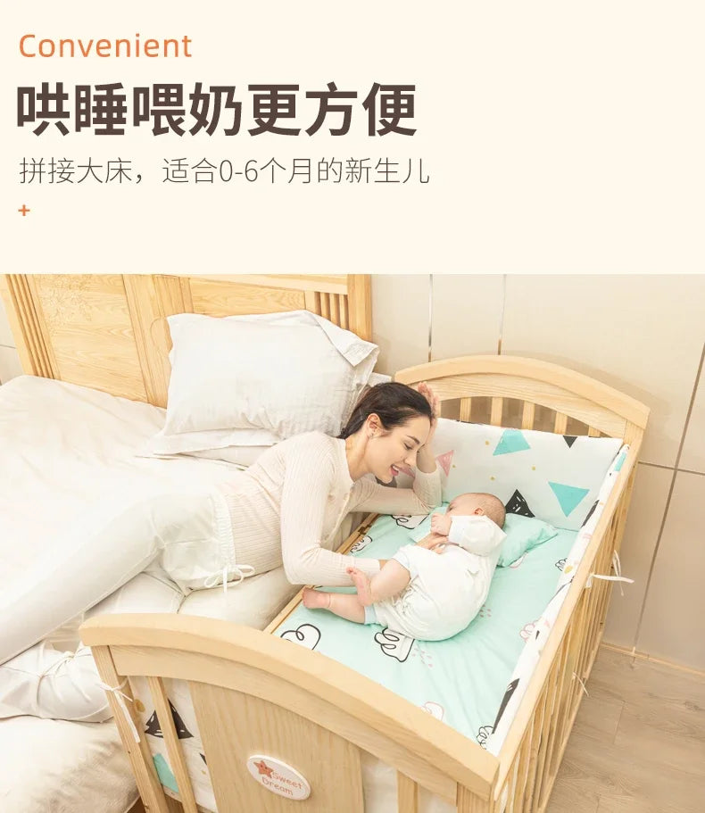 Baby Crib Multifunctional BB Baby Crib Solid Wood Unpainted Cradle Bed Movable Newborn Children Splicing Large Bed
