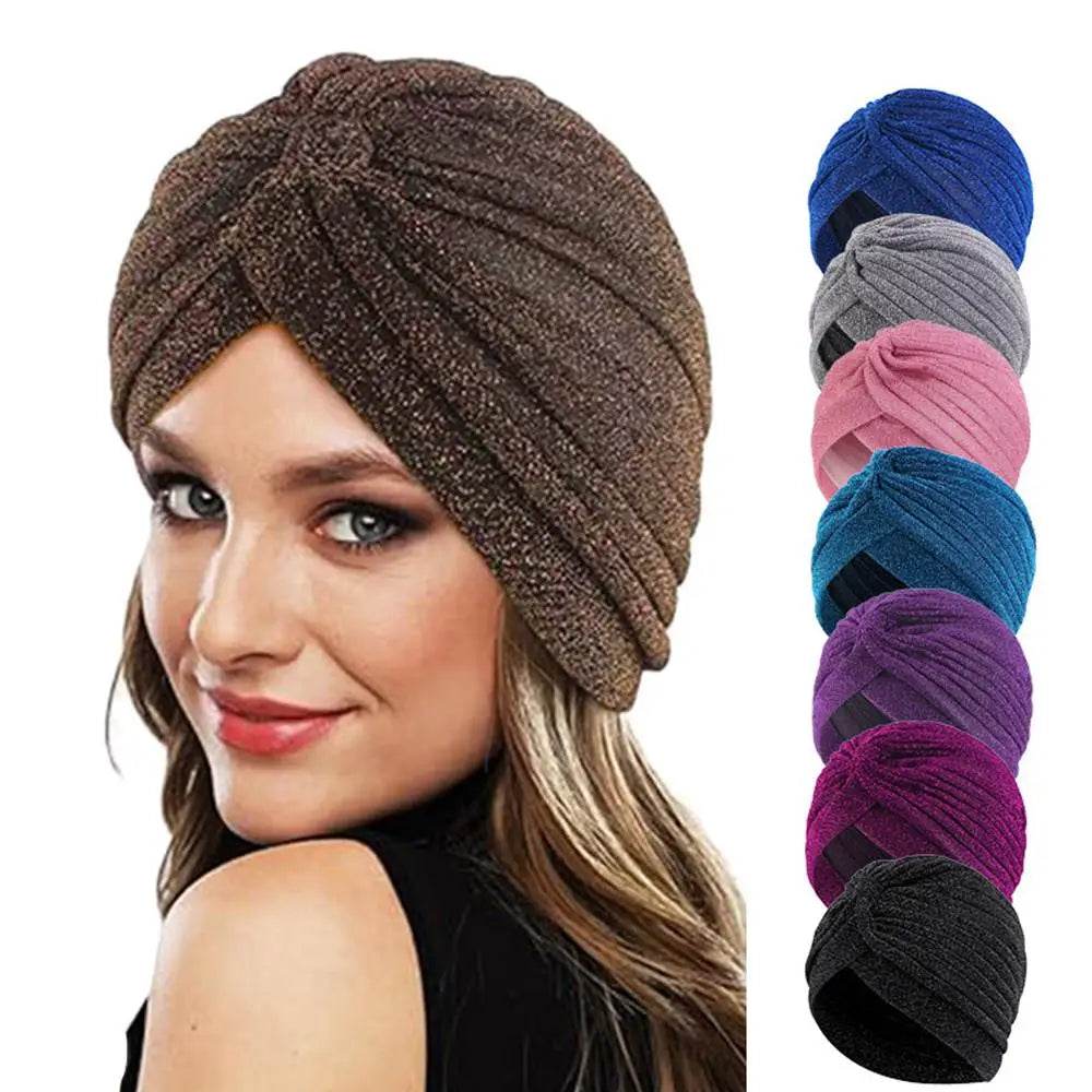 HOT Fashion Women Turban Hijab Hats Gold Shiny Muslim Indian Turban Double Layer Headwrap Stretchable Soft Wrap Head Scarf Mujer - AIAZ