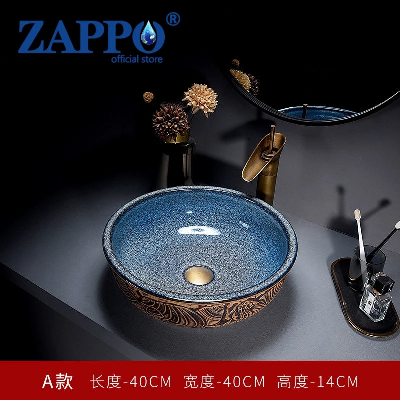 ZAPPO Round Vessel Sink with Faucet Drain JinDezhen Ceramic Vessel Sinks Oval Bathroom Sink Bowl Above Counter with Mixer Tap