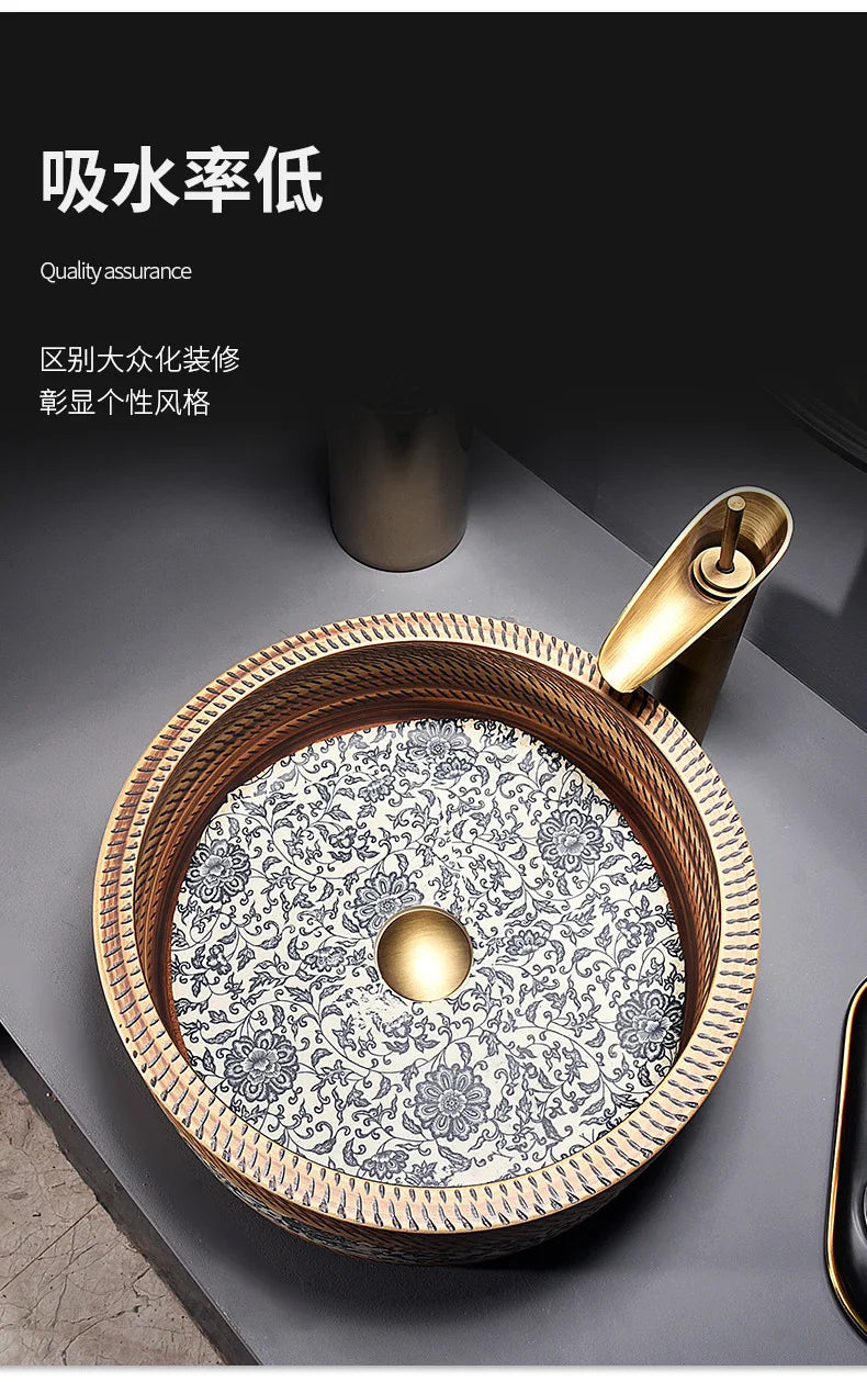 41*41*14cm European style Ceramic Washbasin Retro Printing Bathroom Sink Countertop Round Bowl Basin with Hardware Faucet Set