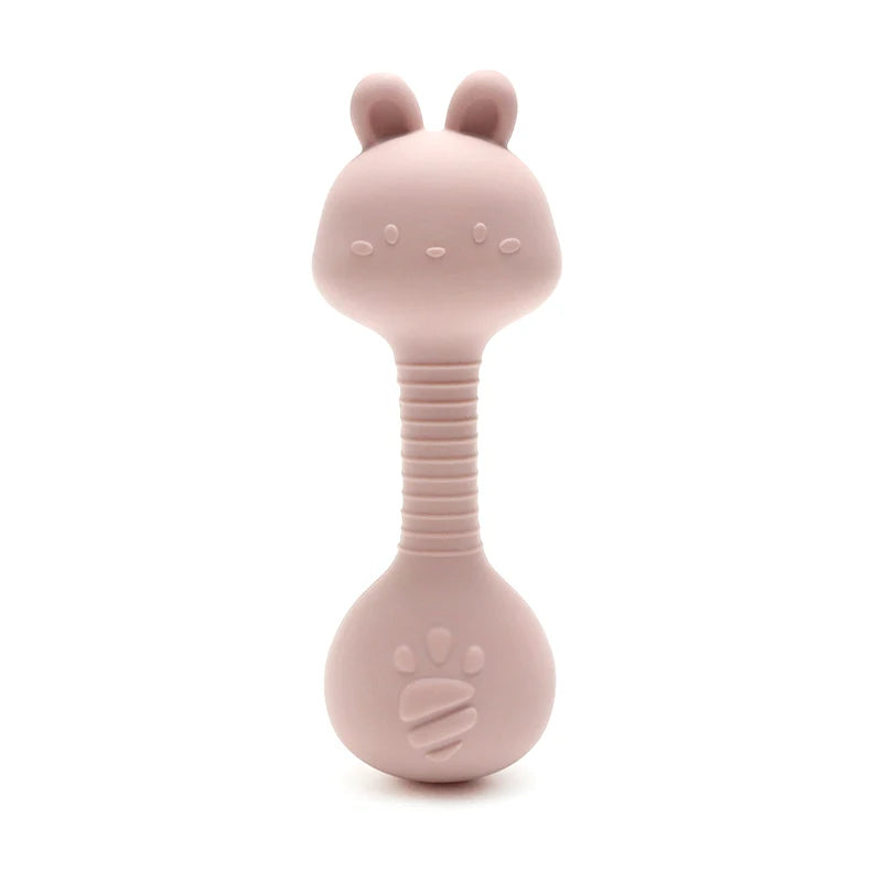 Food-Grade Baby Bunny Silicone Rattle Teether – Dumbbell Shape for Easy Grip, Handheld Toy for Infants