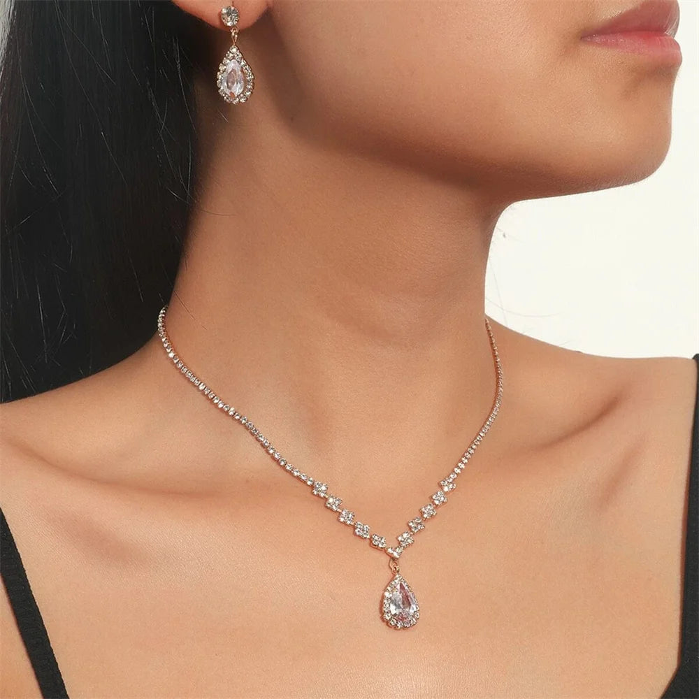 Simple Water Drop Crystal Rhinestone Necklace Earrings Chain For Women Wedding Bride Jewelry Sets Dress Accessories