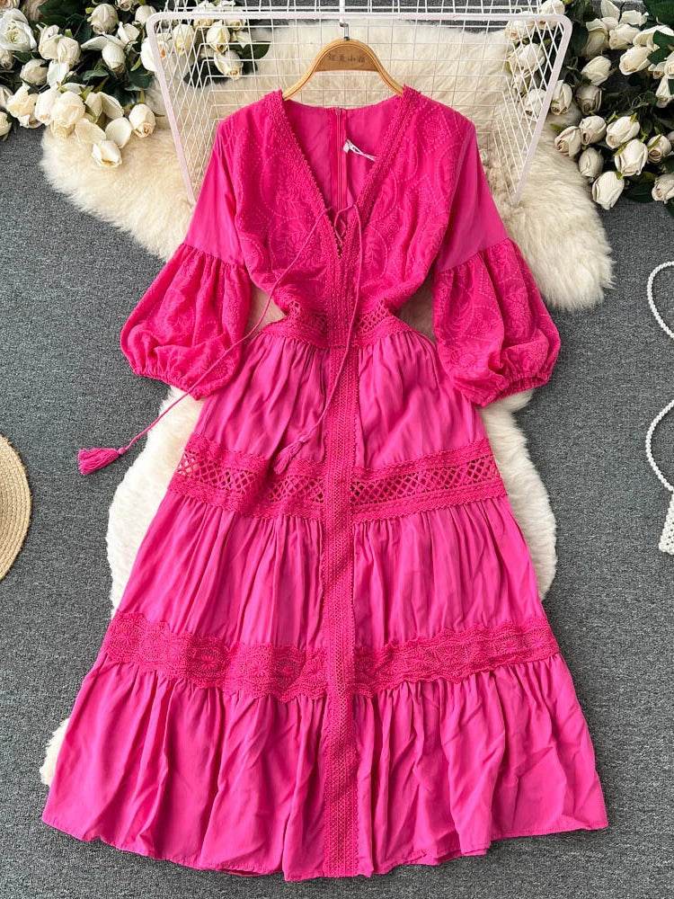 New Women Lantern Sleeved Elegant Dress Summer French Hollowed Out Mid Length Dresses Korean Style Vintage Long Dress - AIAZ