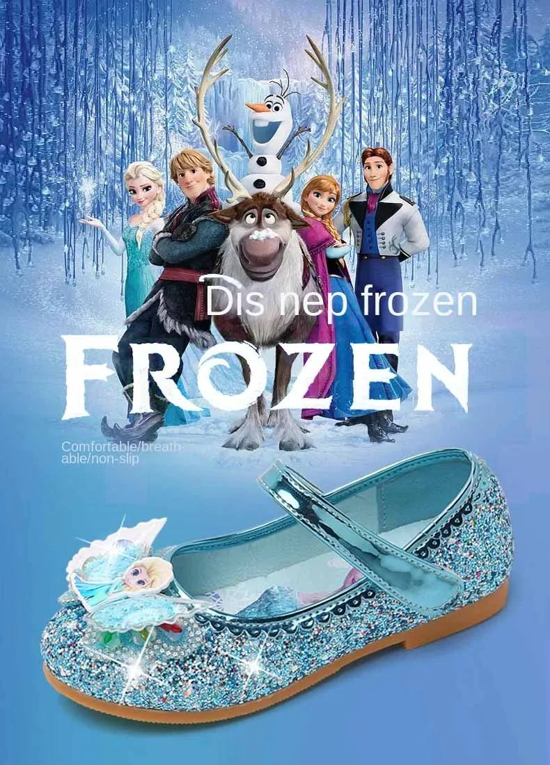 Disney Elsa Frozen Girls Princess Shoes Spring and Autumn Flat Paillette Shoes Children's Soft Sole Baby Casual Shoe Party Shoes