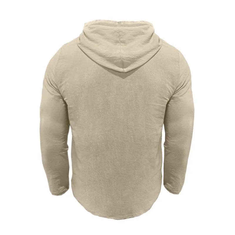24 New cotton and linen shirts hooded loose large size casual sweater long sleeve hoodie men - AIAZ