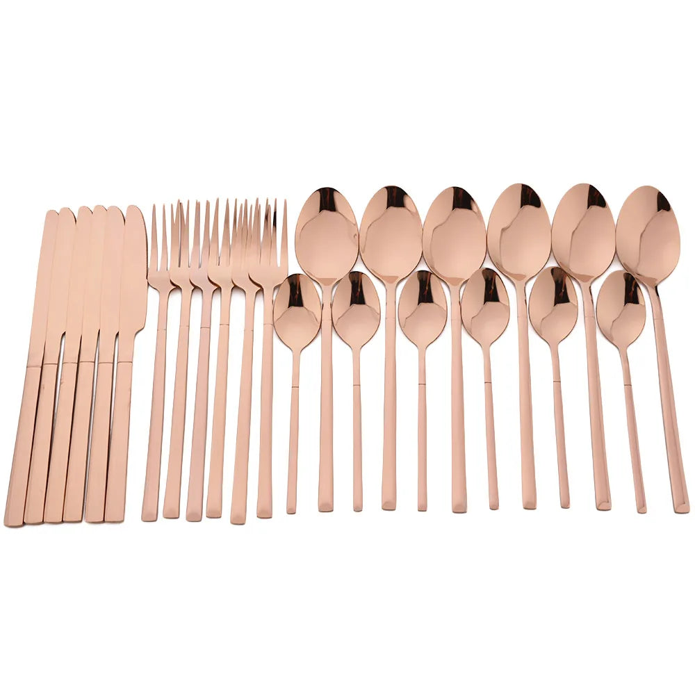 24pcs Knife Fork Spoon Dinnerware Set Rose Gold Tableware Stainless Steel Flatware Kitchen Cutlery Set with Luxury Storage Rack