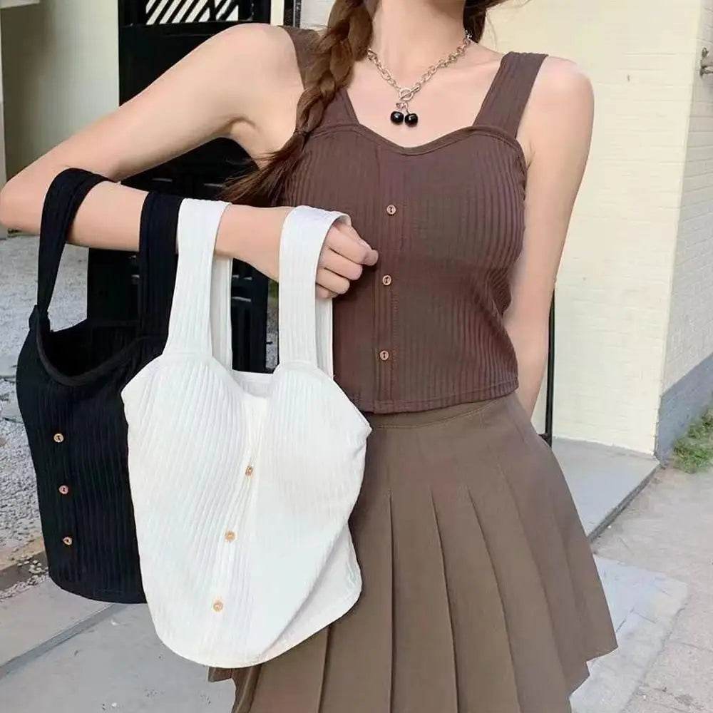 Women's Ribbed Tank Tops Y2K Cropped Tops with Bra Pads Knitted Button Down Suspenders Vest Sexy Camisole Female Short Tops - AIAZ