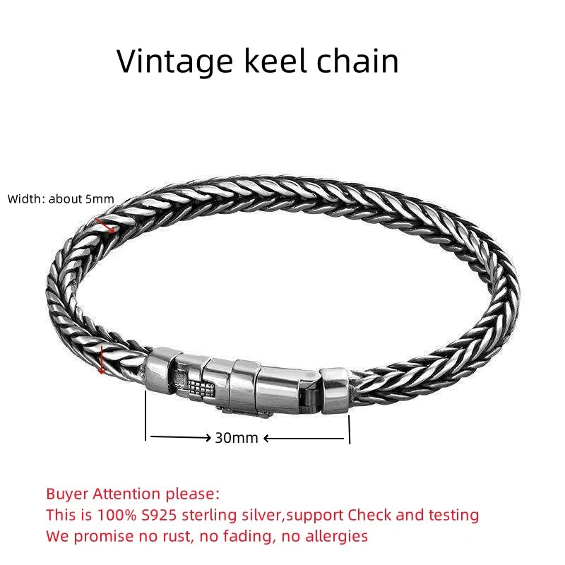 100% S925 Sterling Silver Handmade Woven Retro Domineering Style Personality Keel Man Woman Pure S925 Silver Bracelet Jewelry
