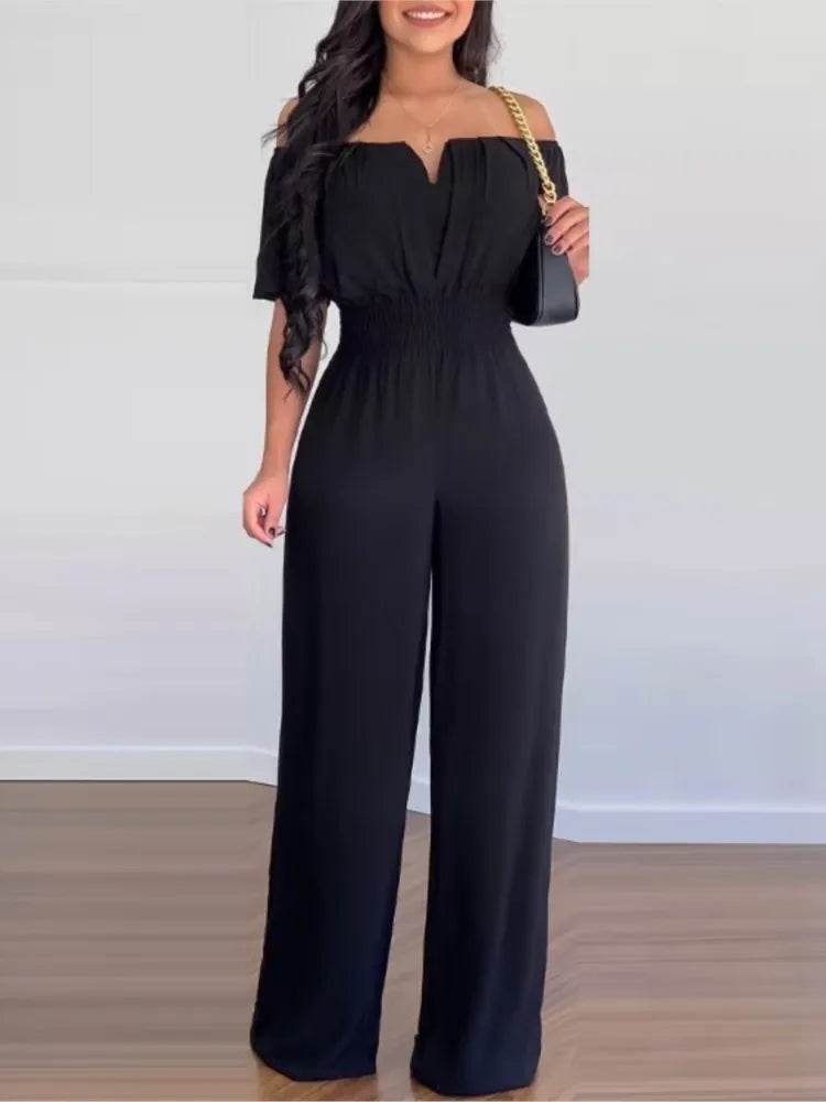 Lady Print High Waist Jumpsuit Sexy Off Shoulder Short Sleeve Wide Leg Pants Jumpsuits Women Fashion Casual Summer Women Clothes - AIAZ