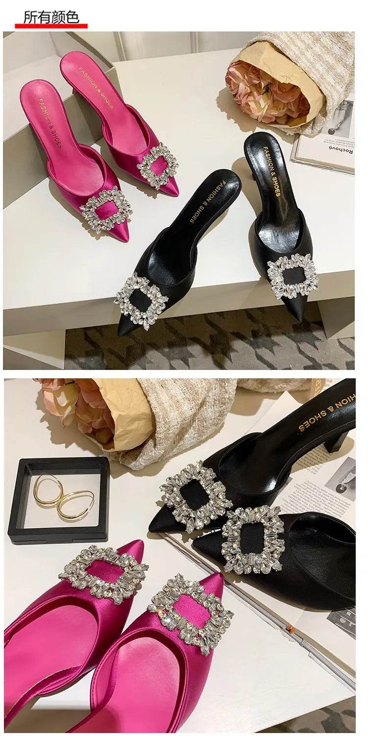 Women Sandals Summer New Slippers Pointed Toe Slingback Mules Shoes Woman Fashion Rhinestone Ladies High Heels Sexy Party Pumps - AIAZ