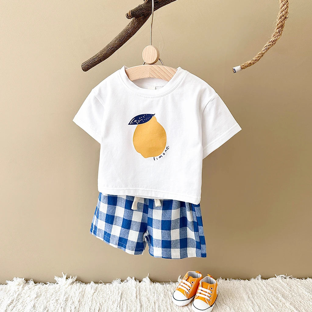 2PCS Summer Baby Boys Girls Clothes Set Lemon Print T-shirt+Checkered Shorts Beach Infant Toddler Outfit Suit 0-3Y
