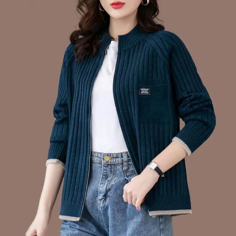 Knitted Cardigan Women's Coat 2025 Autumn Winter New Long sleeved Casual Zipper Sweaters Outwear Female Short Knitt Jacket - AIAZ