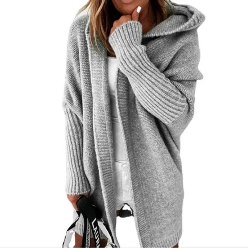 Women's Long Hooded Knitted Cardigan Sweater Warm Winter Overcoat Loose Fit Ladies Jumper Coat Knitwear Comfortable Knit - AIAZ
