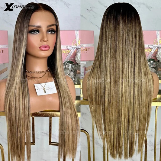Balayaga Brown Blonde Highlight Human Hair Silk Top Wigs Brazilian Bleached Knots Glueless 13x6/360 Lace Frontal Human Hair Wigs