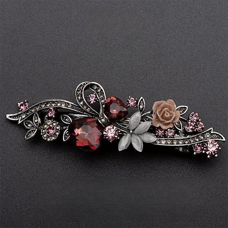 Red Crystal Flower Bow Spring Hairpin Vintage Ink Blue Rhinestone Horizontal Clip Top Clip Elegant Mom Fashion Hairpin Korean
