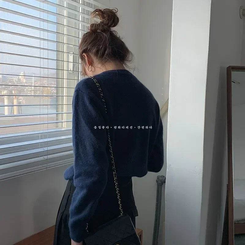 Knitted Cardigan women's 2023Spring New Korean Loose Solid Color Round Neck Sweater Coat - AIAZ