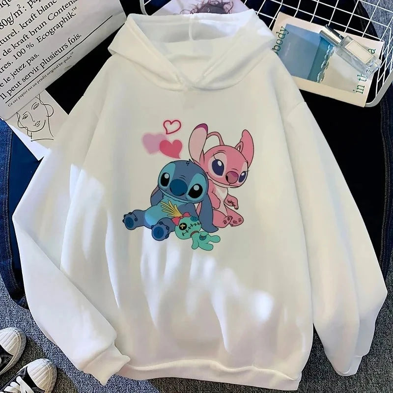 Boys Girls Disney Stitch Angel Cartoon Fun Print Fall and Winter Long Sleeve Top Kids Casual Comfortable Soft Hooded Sweatshirt