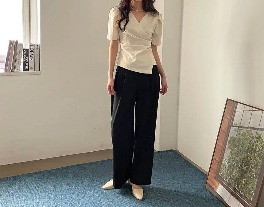 Women Blouse 2025 Spring Summer Solid Tucked V Neck Slim Blouse Elegant Short Sleeve Asymmetrical Top For Women Hot Sale - AIAZ