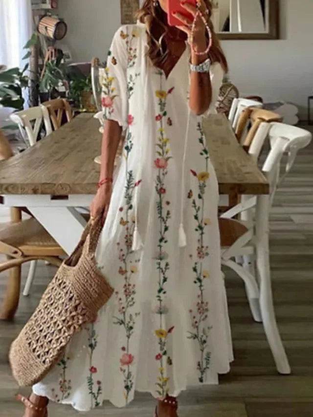 New Women's Spring Summer Dress Sexy V-neck Drawstring Printed Long-sleeved Dress Casual Loose Fashion Elegant Fresh Sweet Dress - AIAZ