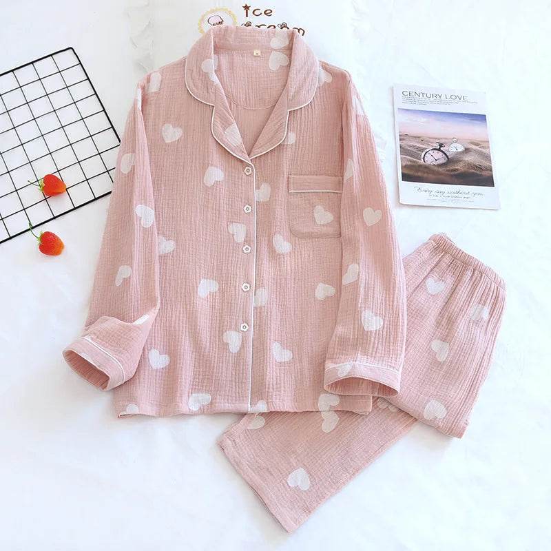 Solid Breathable Lovers 100% Cotton Crepe Pajamas Sets Women Men Autumn Long Sleeve Fresh Soft Pijama Mujer Casual Pyjamas - AIAZ